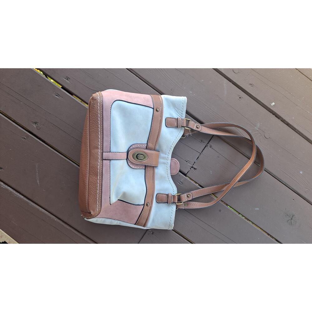 Boc- brown/pink and cream colored shoulder bag. Leather straps. 3 sections.